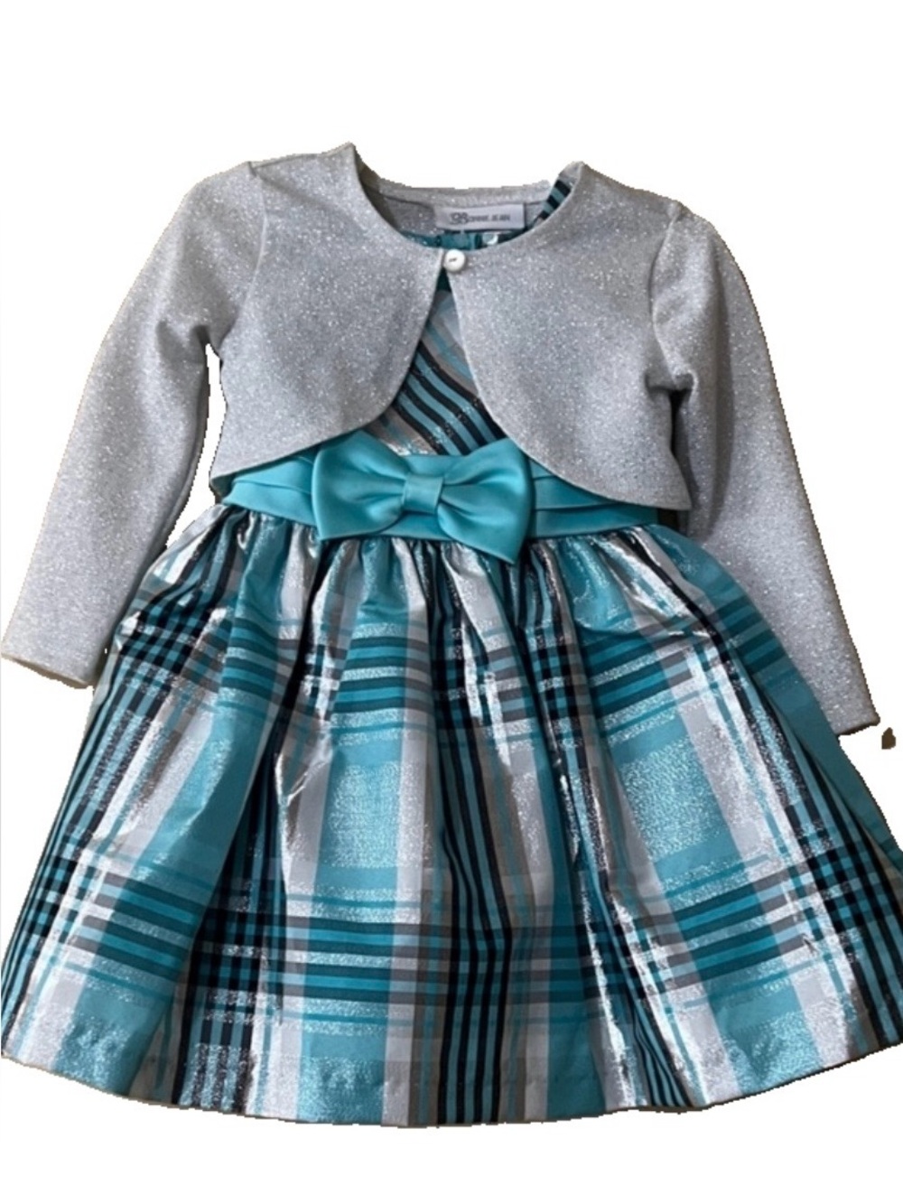 Bonnie Jean Silver and Teal Plaid Formal Dress